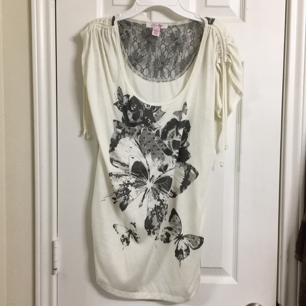 Lena- Butterfly Rhinestone Top w/ Beaded sleeves